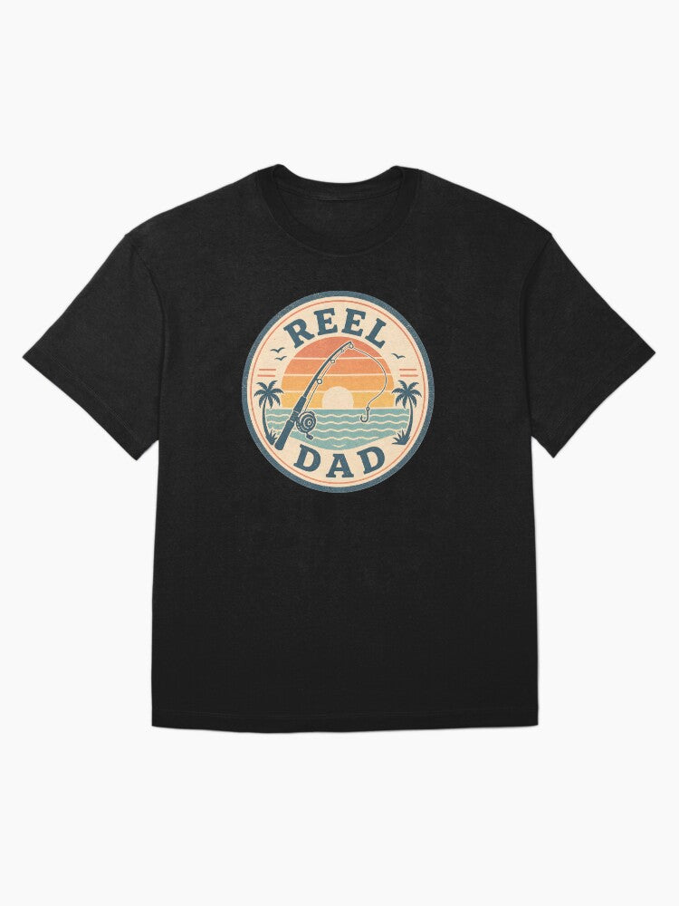 Vintage Reel Dad Fishing Sunset Beach Sticker Retro Ocean Palm Trees Oversized T-Shirt